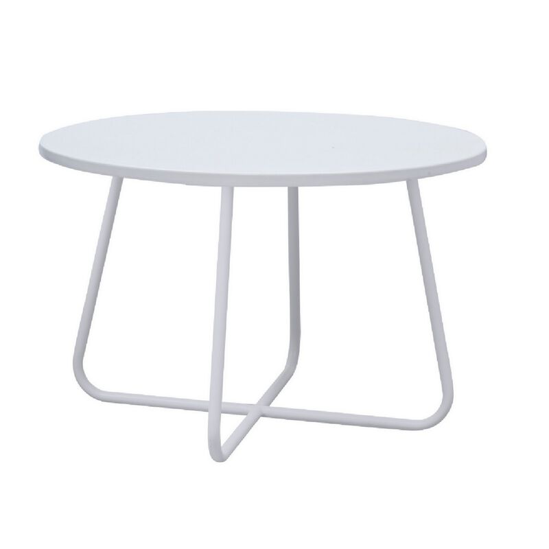 Lei 28 Inch Round Coffee Table, Wood Top in White with White Metal Base