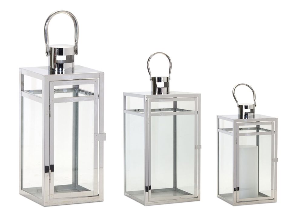 HouzBling Lantern (Set of 3) 11.75"H, 16"H, 20.5"H Stainless Steel/Glass
