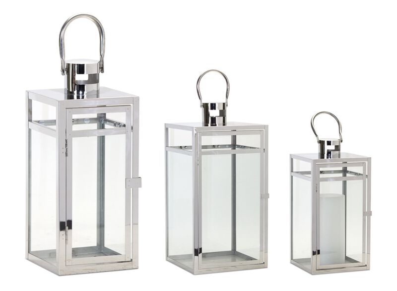 HouzBling Lantern (Set of 3) 11.75"H, 16"H, 20.5"H Stainless Steel/Glass
