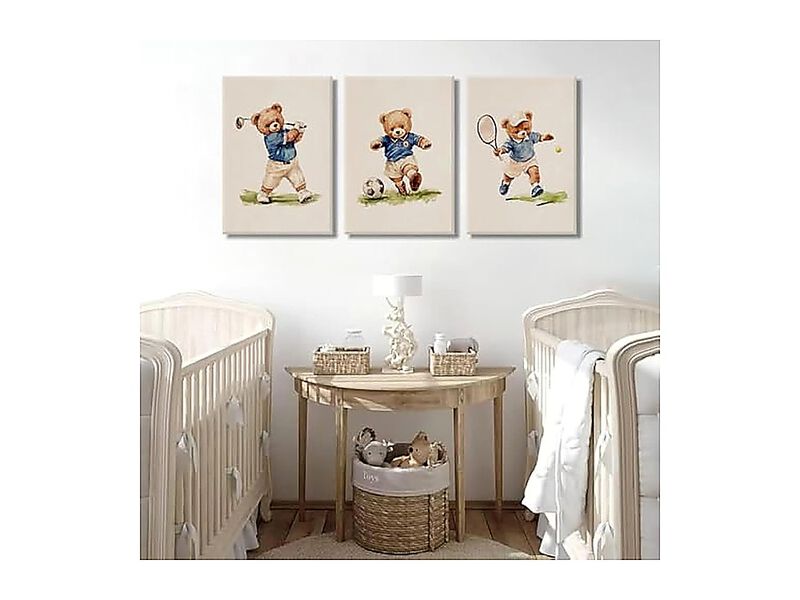 Watercolor Sports Teddy Bear Wall Art Set 3 Golf Soccer Tennis Themed Canvas image number 3