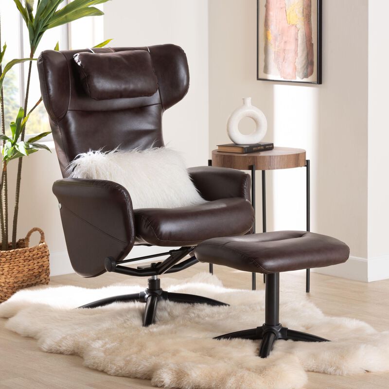 Baxton Studio Elwood Modern Black Faux Leather 2 Piece Lounge Chair and Footrest Set