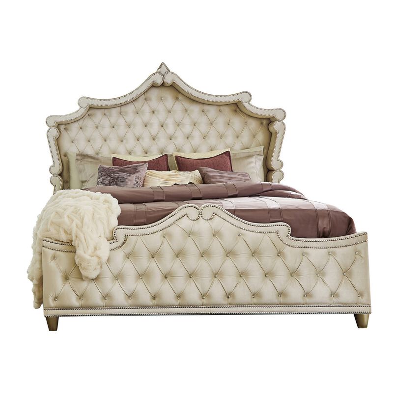 Lino Wood Queen Bed, Opulent Tufted Velvet Upholstery, French Carved, Ivory - Benzara image number 0