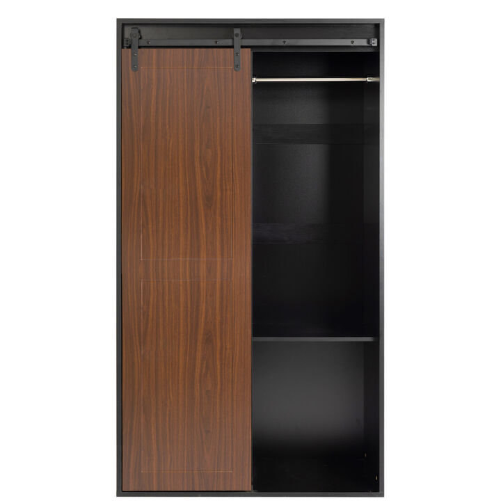 71 inch High wardrobe and cabinet Clothes Locker classic sliding barn door armoire, lockers, for bedrooms, cloakrooms, living rooms, color: black +brown
