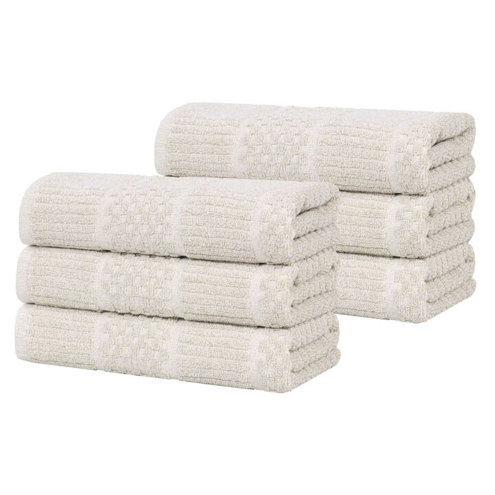 Set of 6 Cotton Blend Hand Towels with Checkered and Ribbed Texture