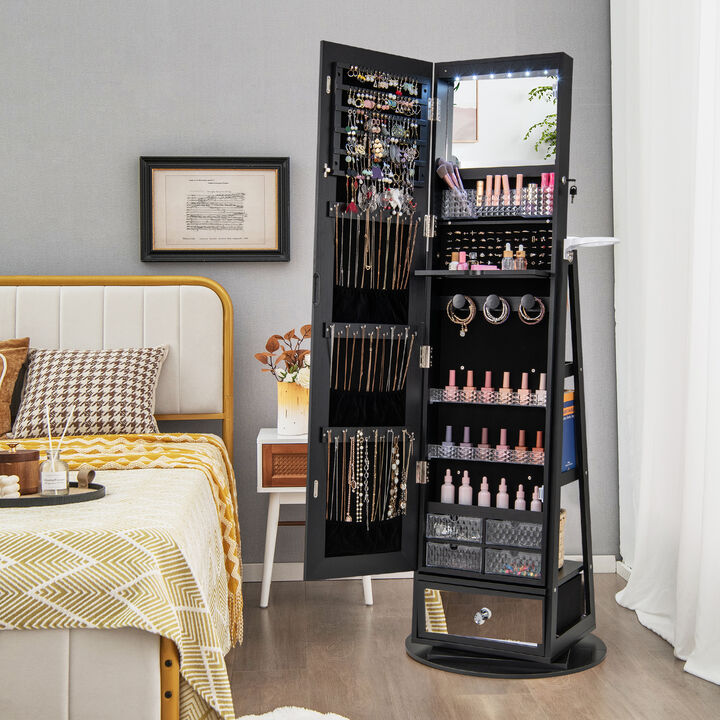 Lockable 360&deg; Swivel Jewelry Cabinet with Full-Length Mirror LED Lights