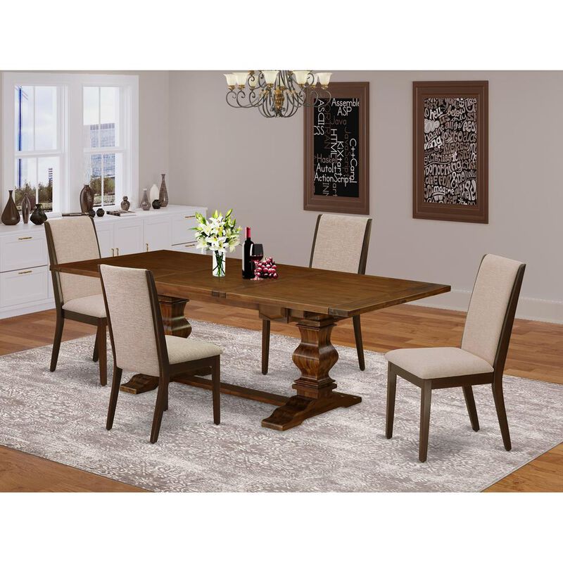 East West Furniture 5 Piece Dining Table Set Includes a Rectangle Removable Leaf Kitchen Table and 4 Light Tan Linen Fabric Upholstered Chairs, 42x92 Inch, Walnut