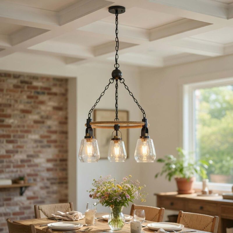 3 Light Chandelier, Rope Accents, Bubble Glass Bulbs, Black Metal 28 Inch image number 8