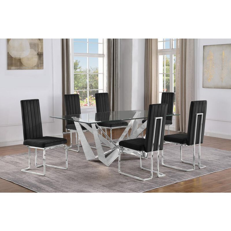 7pc Small(78") glass dining set with silver base and 6 Cream side chairs