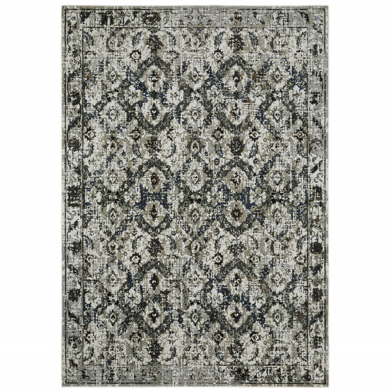 4 X 6 Ivory charcoal grey Blue Rust gold And Brown Oriental Power Loom Stain Resistant Area Rug