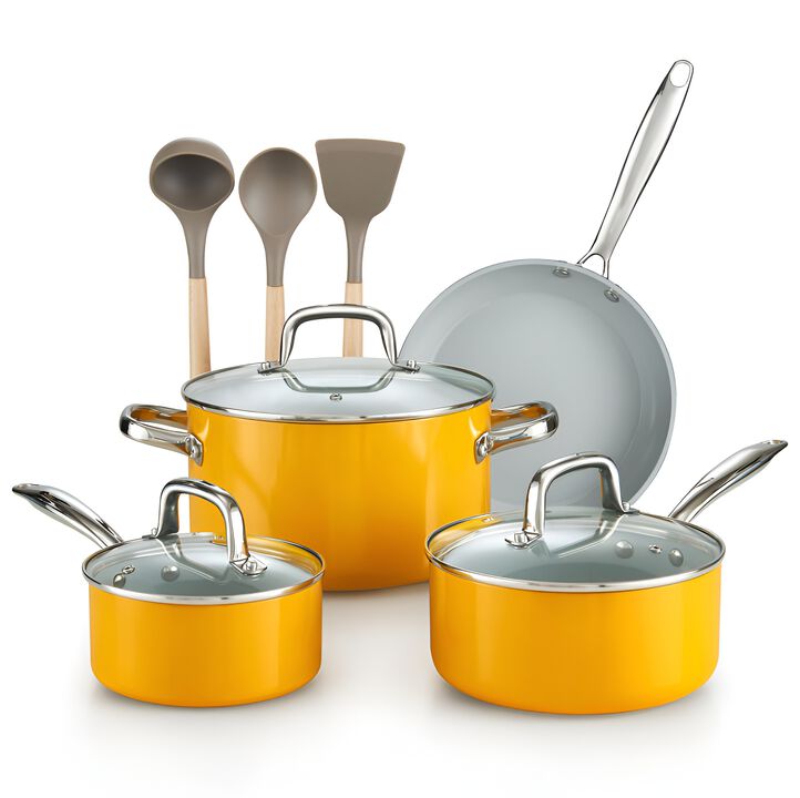 Cook N Home Classic 10-Piece Nonstick Cookware Set, Induction Pots and Pans with Glass Lids & Comfort Handles, Yellow