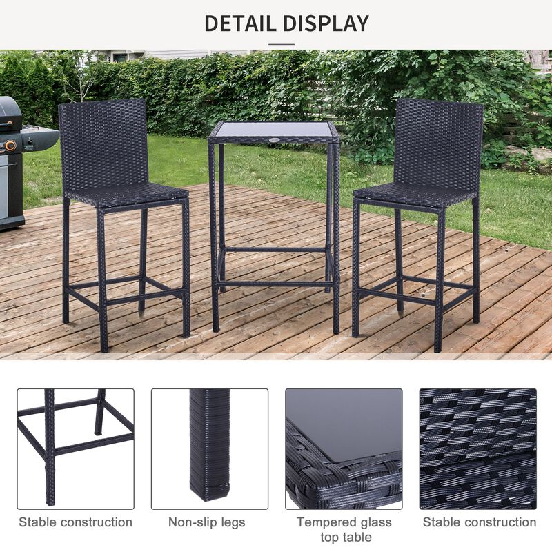 Alfresco Bar Ensemble: 3-Piece Black Wicker Counter Set with Glass Top