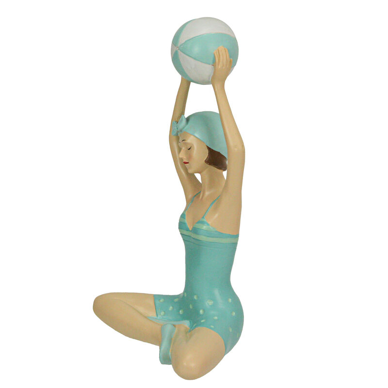Retro Bathing Beauty Beach Girl With Ball Sage Green Polka Dot Swimsuit Figurine image number 2