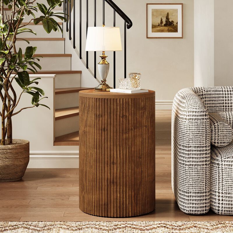 Fluted Solid Wood Round End Table, Side Table with Storage & 4 Wheels-Walnut image number 4