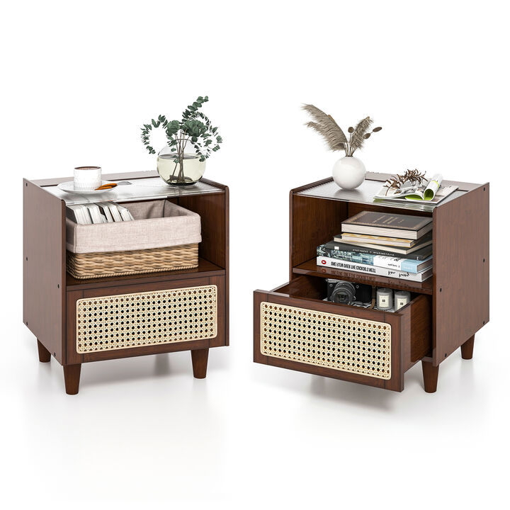Set of 2 Bamboo Rattan Nightstand with Drawer and Solid Wood Legs