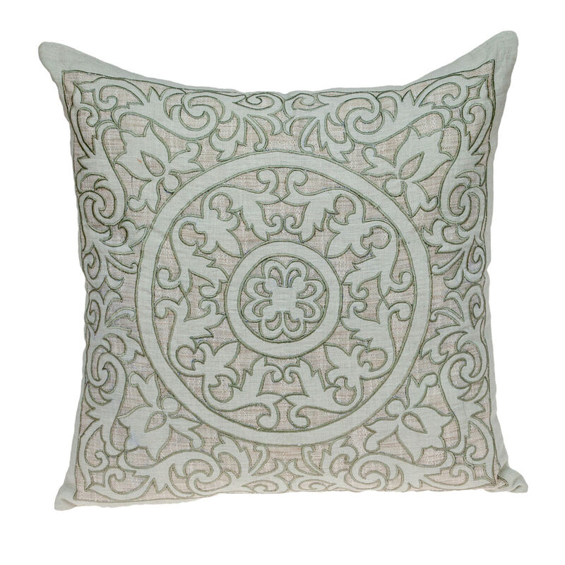 HomeRoots 22" Beige and Green Damask Linen Blend Throw Pillow with Embroidery and Applique image number 0