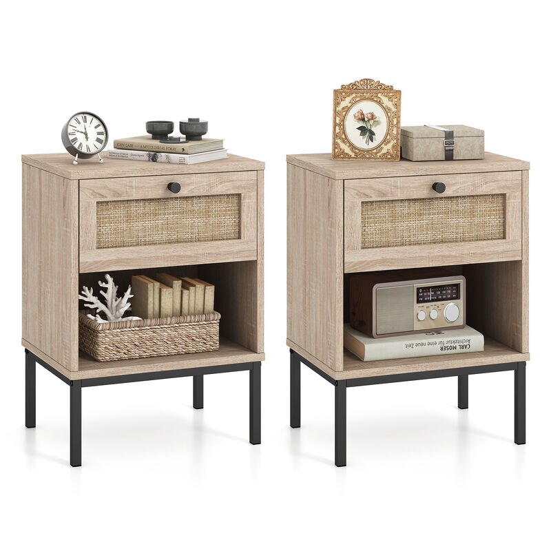 Rattan Nightstand End Table with Rattan Drawer and Open Shelf Set of 2