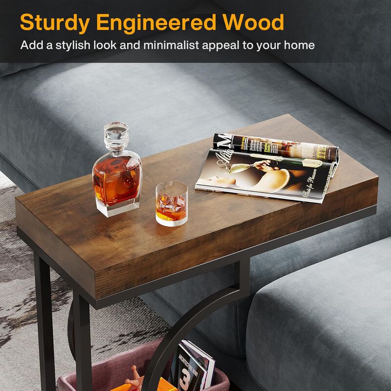 Tribesigns Narrow C Table, Modern End Table and Bedside Table with Metal Frame, Faux Marble Side Table for Living Room and Bedroom, Small Sofa Table, Brown and Black, Holds 22 lb image number 7