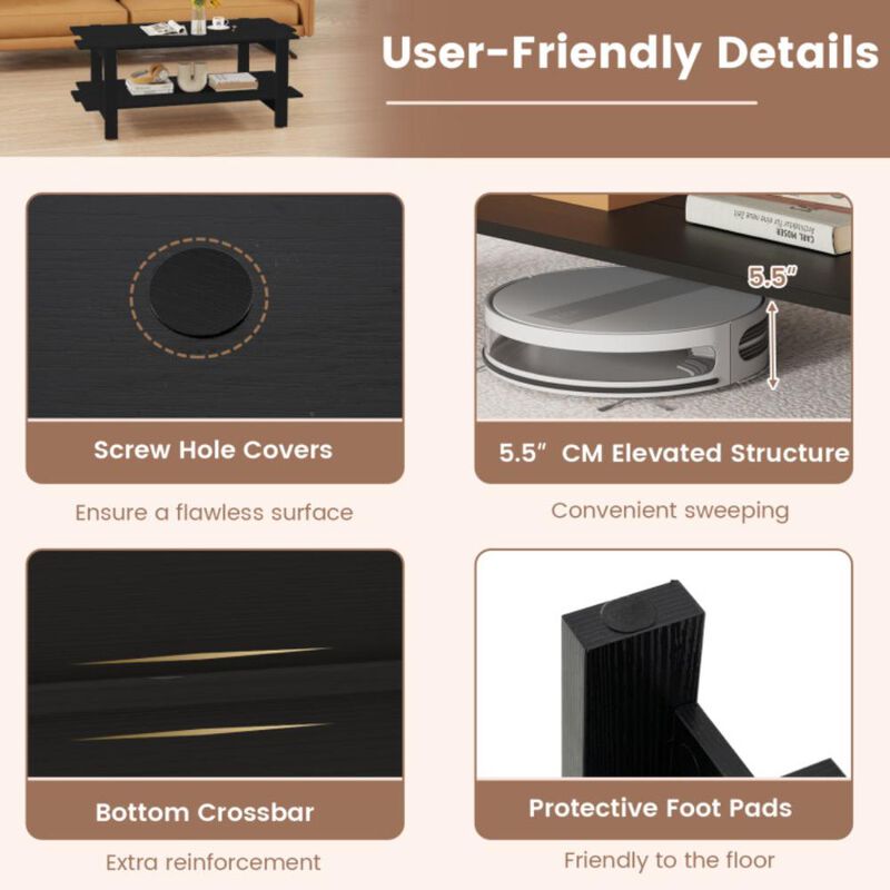 Hivvago 2-Tier Coffee Table Slatted Wood Center Table with Storage Shelf