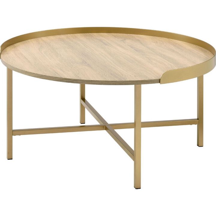 Kai 34 Inch Wood Coffee Table, Round Tray Top, Metal Accent, Brown, Brass-Benzara
