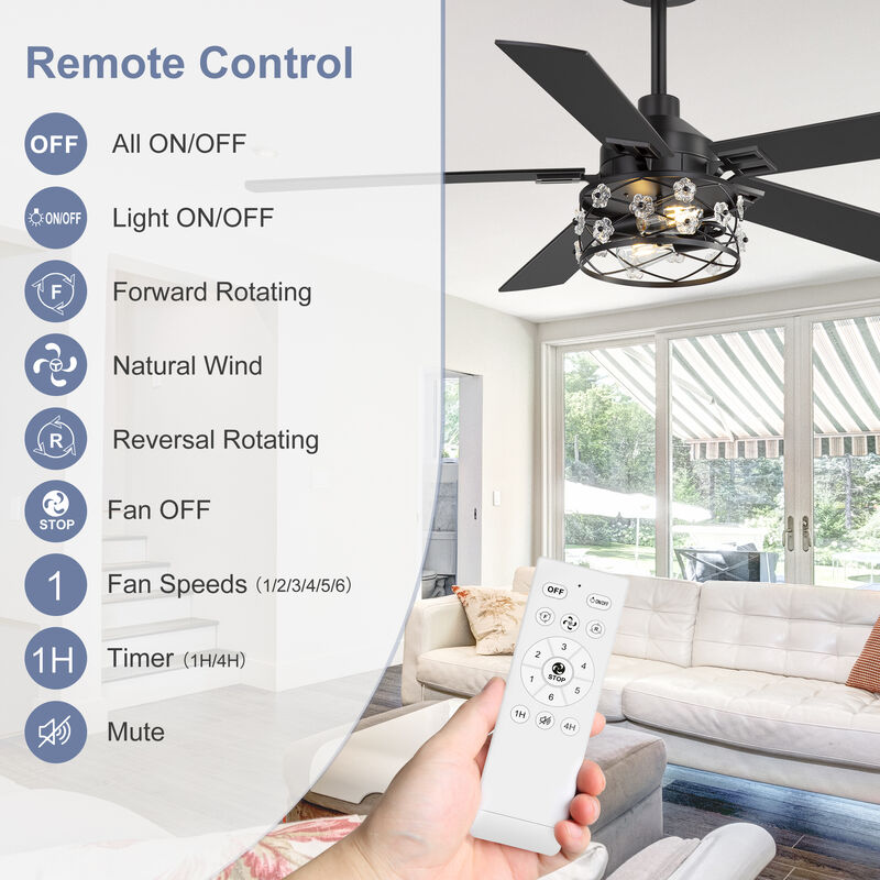 Breezary 52" Ceiling Fan with Lights, E26 Glass Shade,Wood Blades, Quiet DC Motor, Remote Control, 6 Speeds, Reversible, Timer image number 5