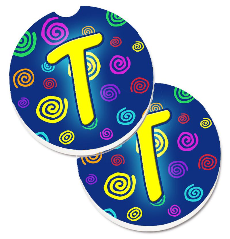 Caroline's Treasures Letter T Initial Monogram - Blue Swirls Set of 2 Cup Holder Car Coasters CJ1011-TCARC, 2.56, Multicolor