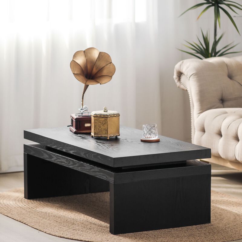 Rustic Farmhouse Rectangular Coffee Table with Floating Tabletop Design, Wooden Living Room Table image number 2