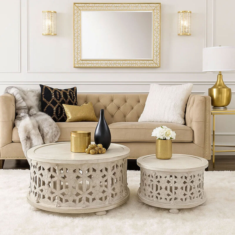 30 Inch Round 2 Piece Wood Coffee Table Set, Carved Floral Design, Antique White