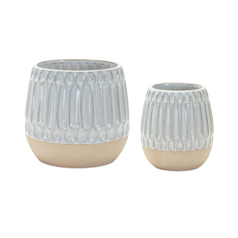 Hivvago Set of Two Beige and White Ribbed Round Porcelain Table Vase