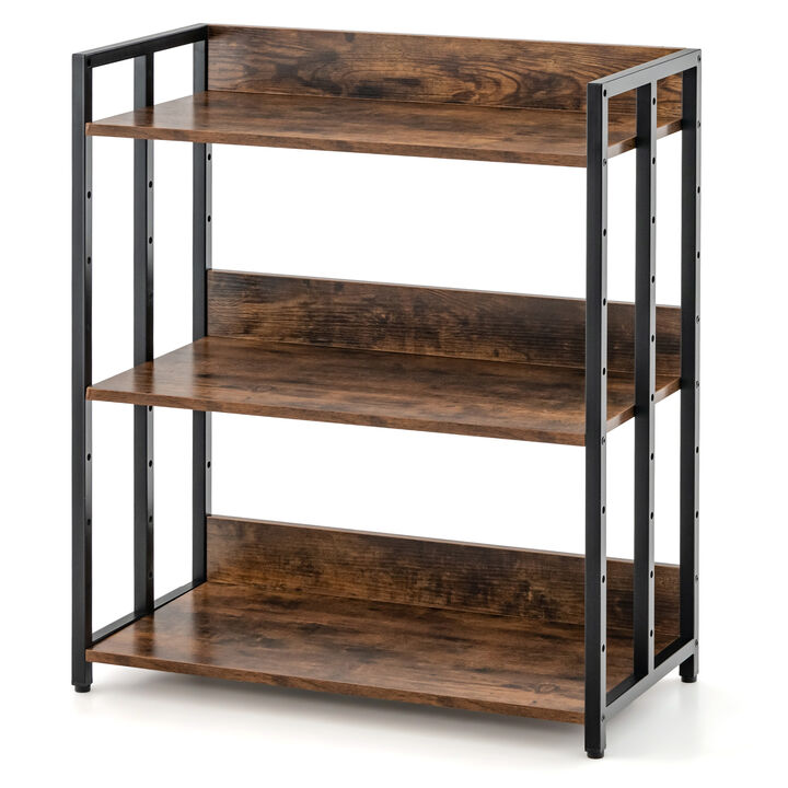 3-Tier Corner Bookcase with Adjustable Shelves and Metal Frame