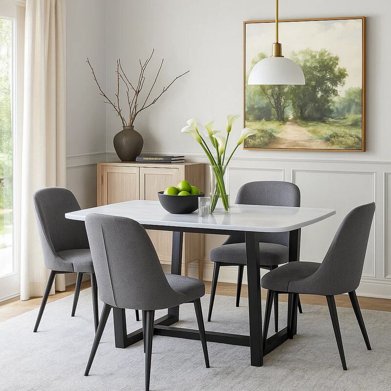 Dining Table with Marble Top and Trestle Base, Gray