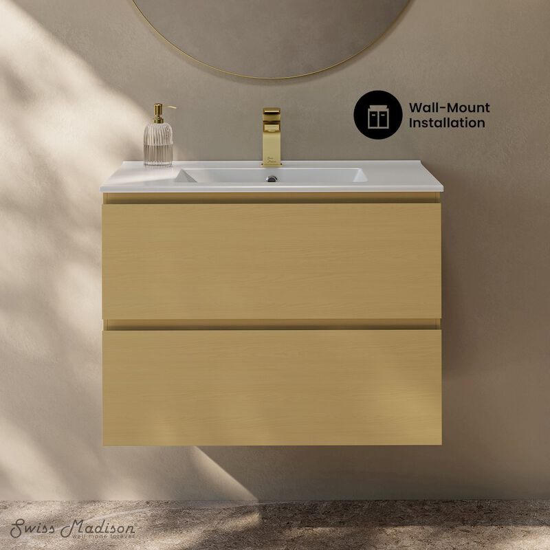 Liberte 30" Wall-Mounted Bathroom Vanity in Natural Oak with Sink Top image number 1
