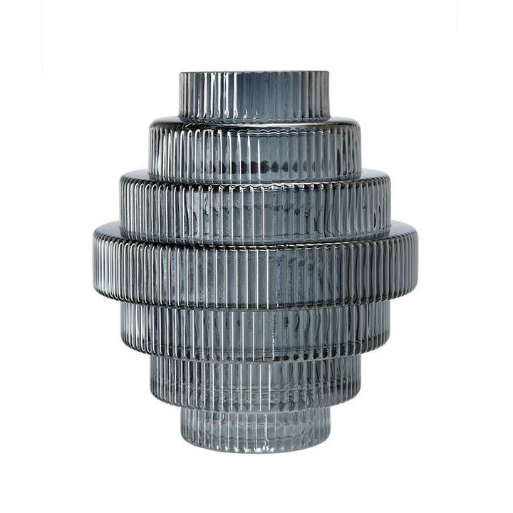 Rae Set of 2 Glass Vases, Geometric Round, Smokey Blue and Clear Finish - Benzara