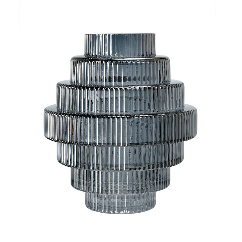 Rae Set of 2 Glass Vases, Geometric Round, Smokey Blue and Clear Finish - Benzara