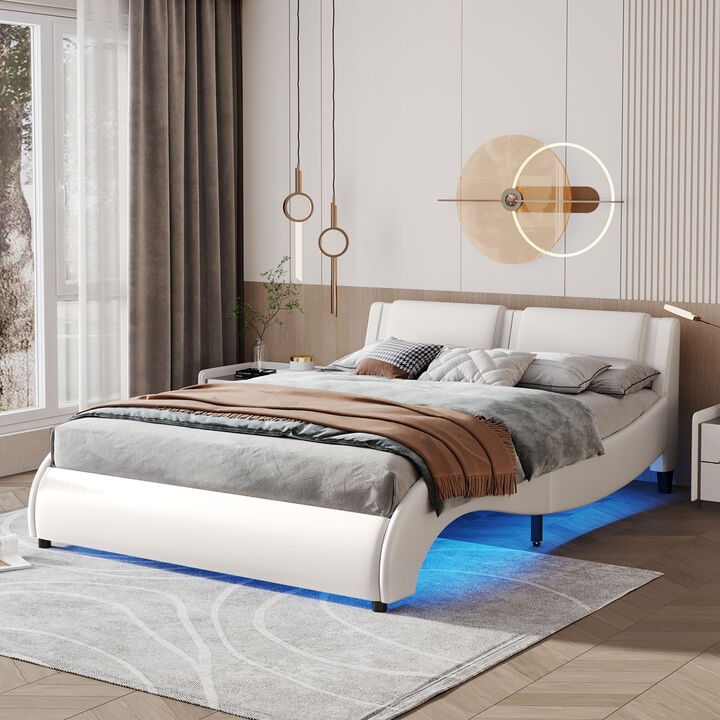 Merax Upholstered Faux Leather Platform Bed with LED Light
