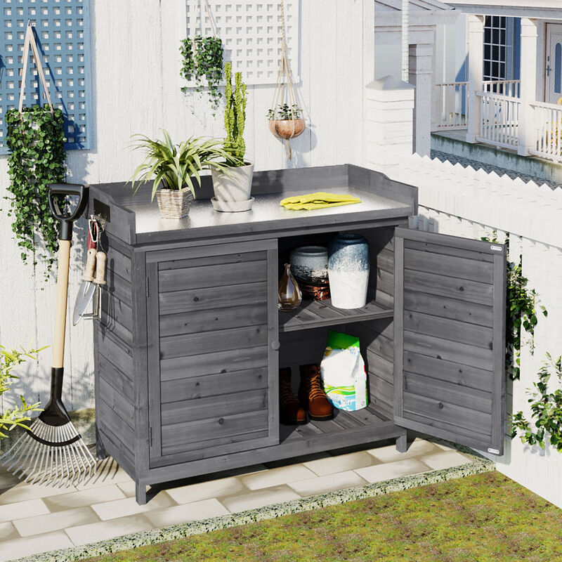 Outdoor 39" Potting Bench Table, Rustic Garden Wood Workstation Storage Cabinet Garden Shed with 2Tier Shelves and Side Hook, Grey