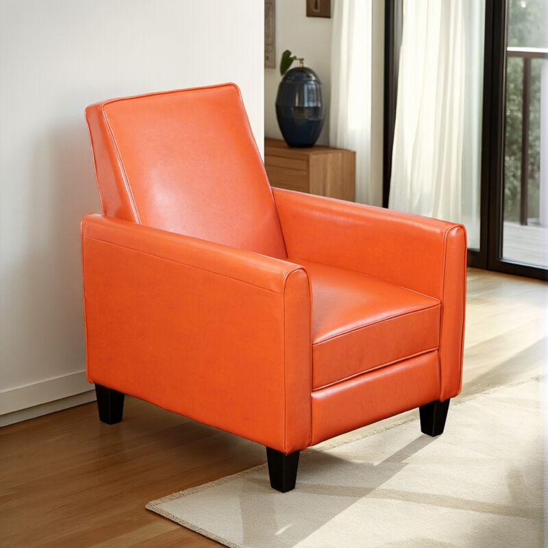 Zuca Pushback Recliner Club Chair, Black Wood, Orange Floral Faux Leather - Benzara