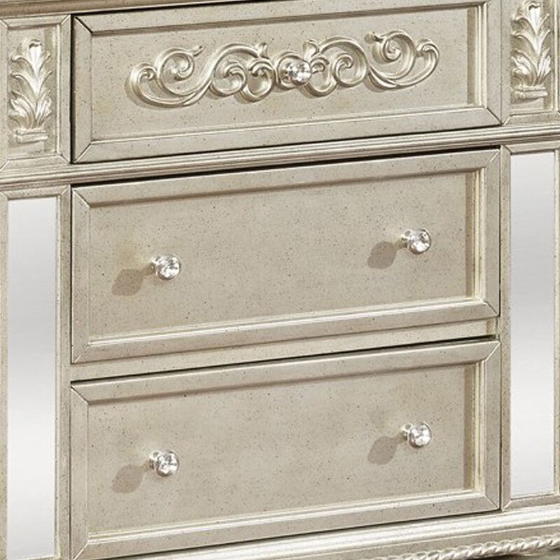 3 Drawers Nightstand with Ornate Carving and USB Ports, Silver-Benzara