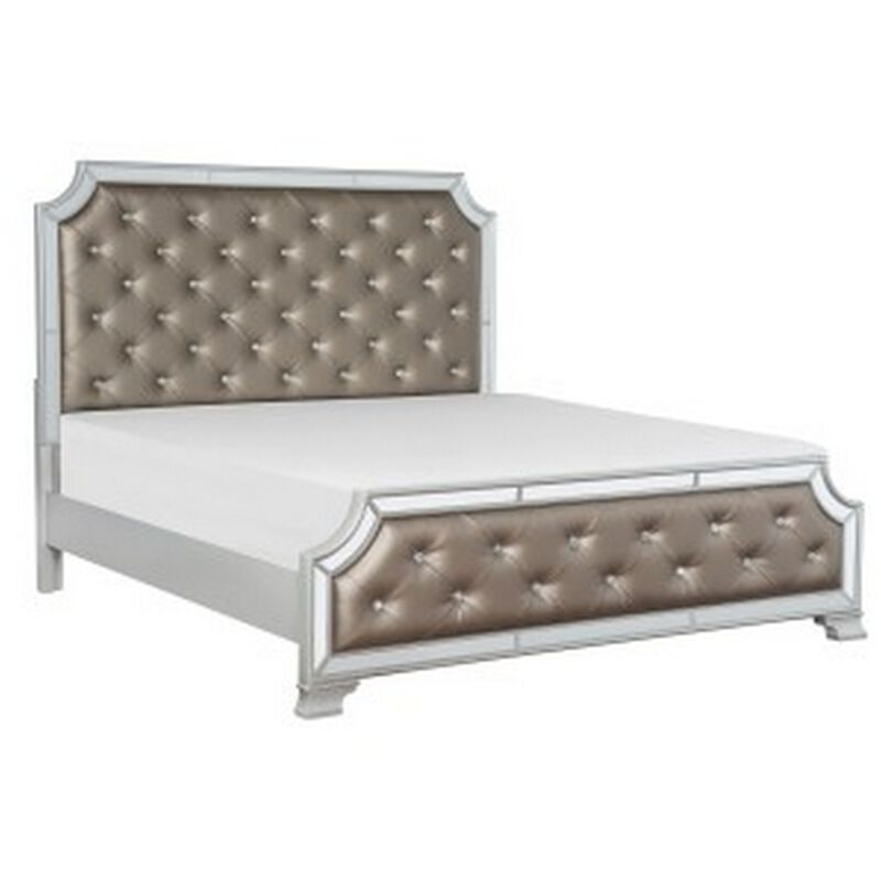 Badra Queen Bed with Crystal Button Tufting, Mirror Trim, Gray Faux Leather - Benzara