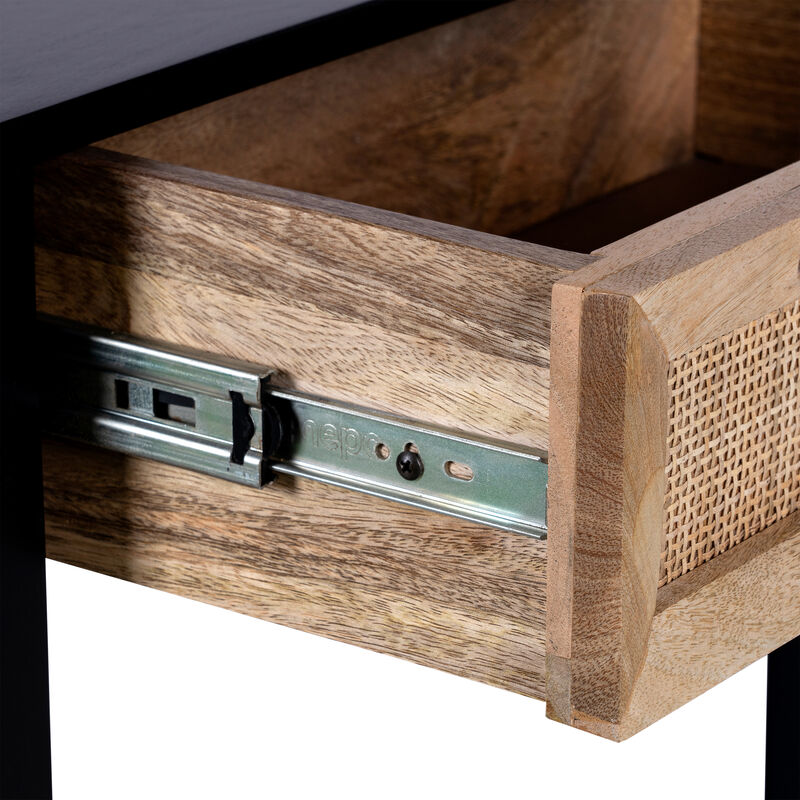 Rosette 22 Inch Side End Table, Natural Brown Rattan Front Drawer, Open Shelf, Black Mango Wood Frame