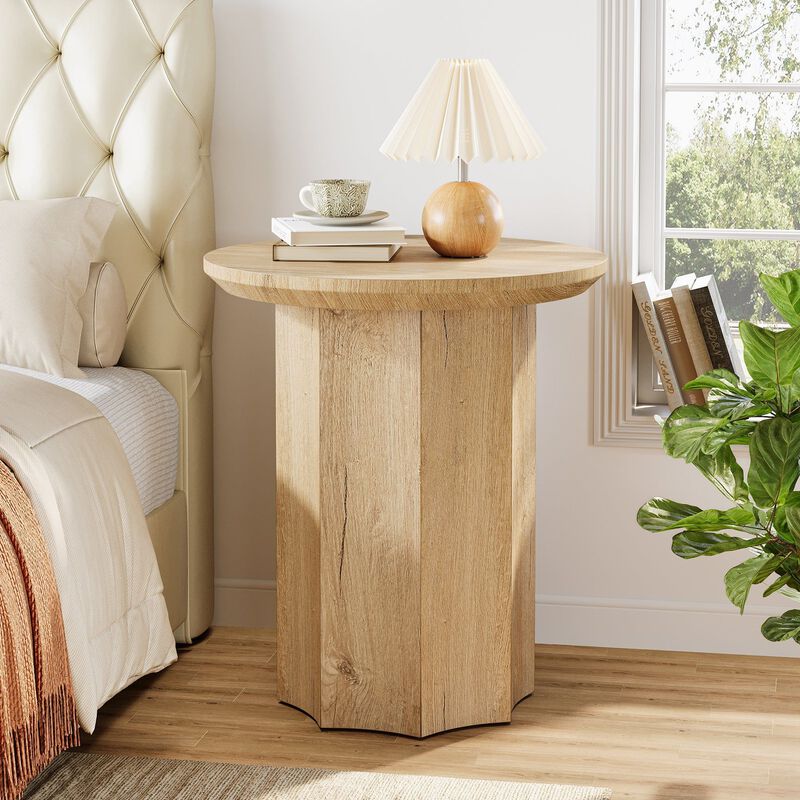 Wooden Round End Table, Pedestal Side Table with Octagonal Base-Light Brown image number 6