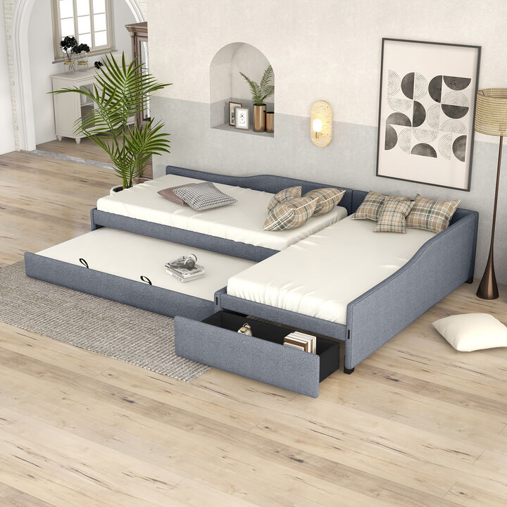 Whisen 120" Double Twin Size Daybed with Trundle and Drawer, Plywood Frame Upholstered Sofa Bed for Living Room
