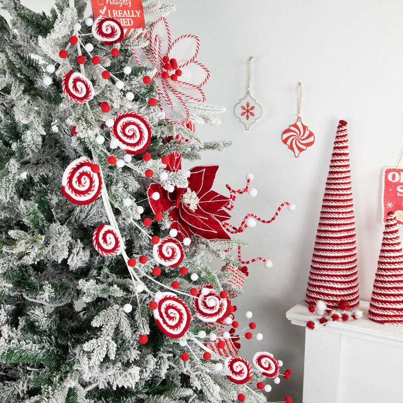 30" Red and White Striped Candy Cane Swirls and Pom Poms Christmas Pick