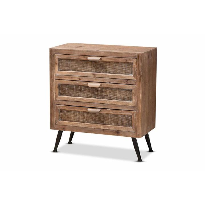 Baxton Studio Whitewashed Natural Brown Finished Wood and Rattan 3-Drawer Storage Cabinet