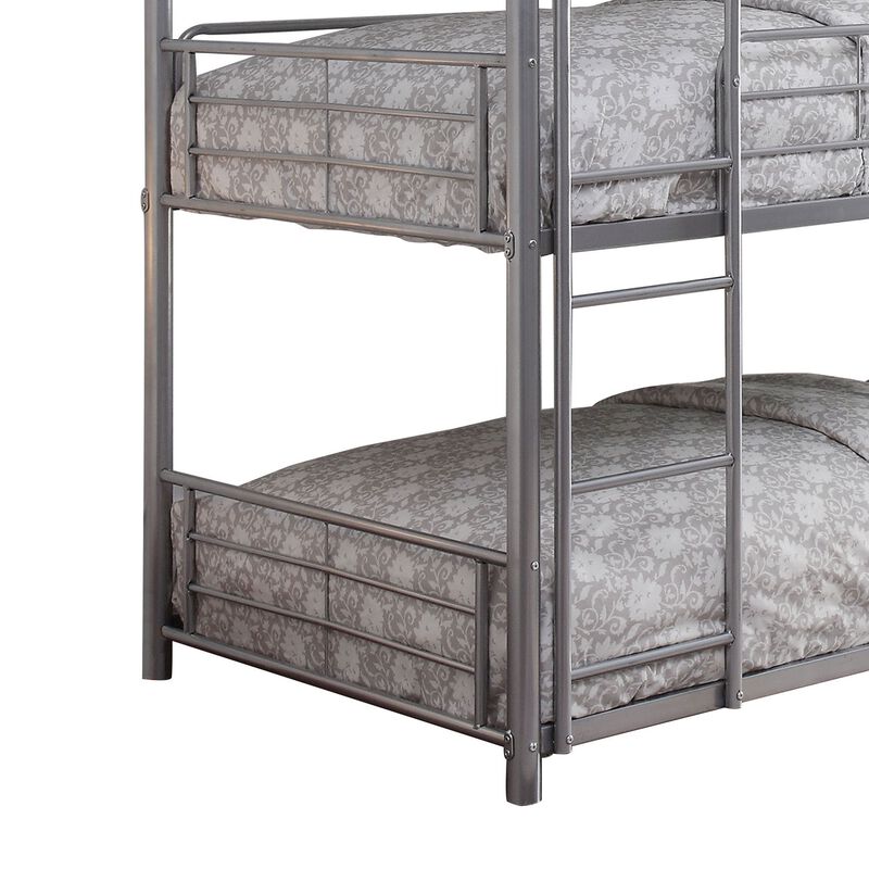 Metal Triple Twin over Twin Size Bunk Bed with Built In Ladder, Silver-Benzara