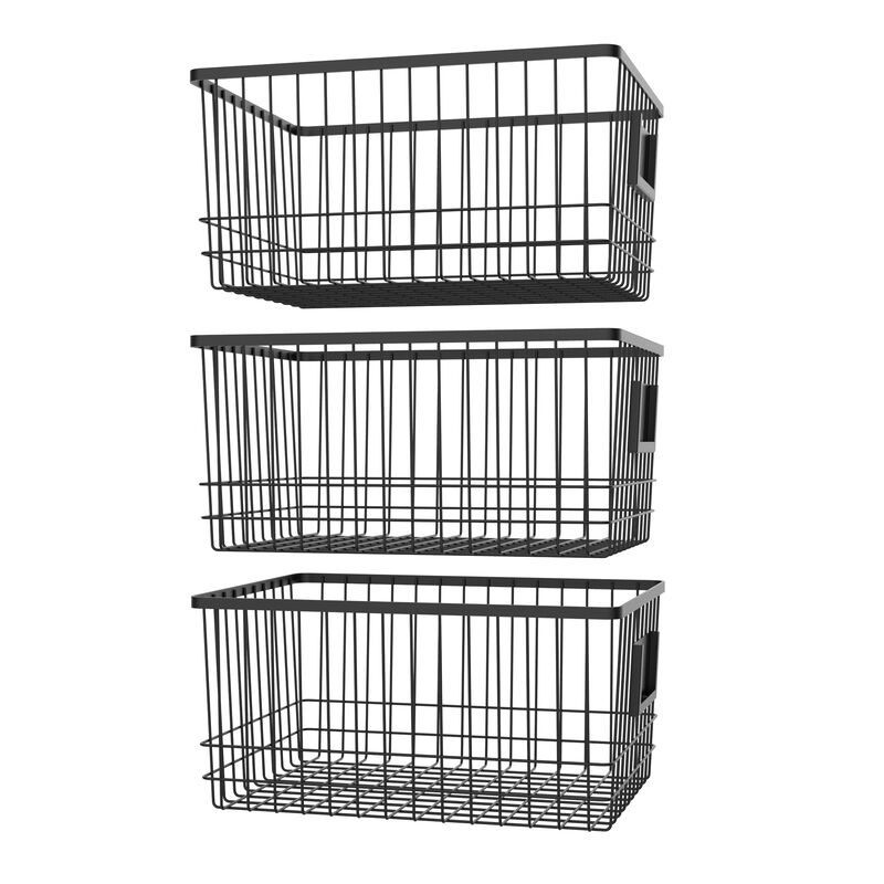 Oceanstar Metal Wire Organizer Bin Basket with Card Holder, Set of 3, Black