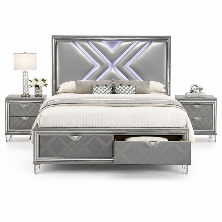 Queen Bedroom Set, Gray, Silver Wood, 3 Piece Set with 2 Nightstands
