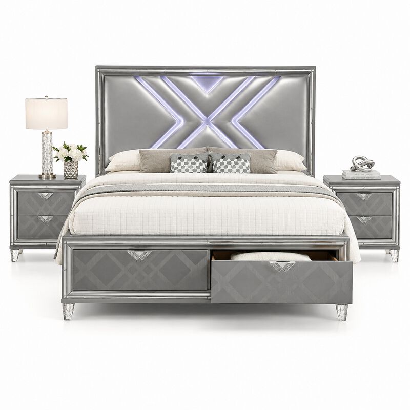 Queen Bedroom Set, Gray, Silver Wood, 3 Piece Set with 2 Nightstands image number 0