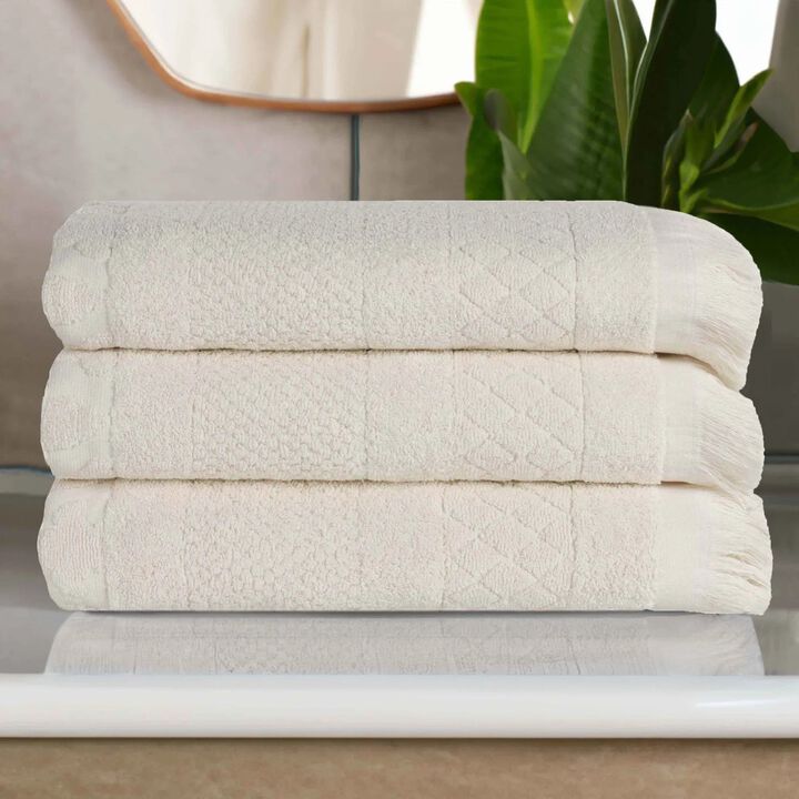 Absorbent Cotton Bath Towel Set of 3 with Geometric Jacquard Design