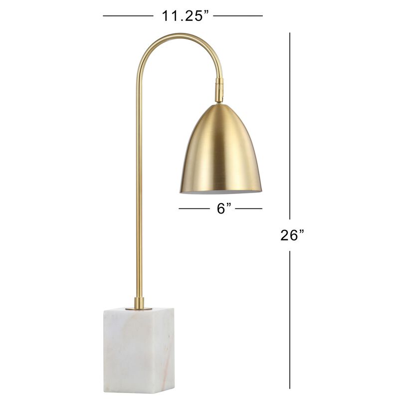 Ana 26" Gold Arched Metal with Marble Base LED Table Lamp, Brass Gold/White
