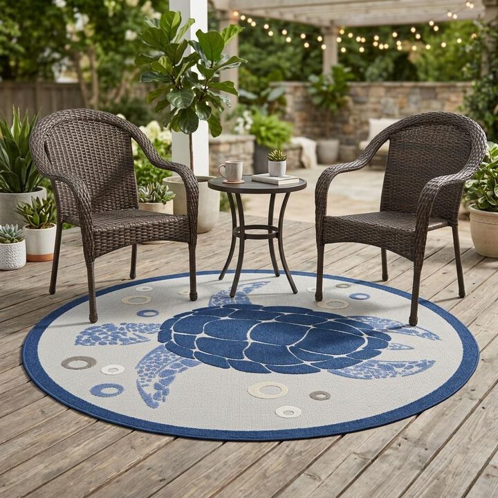 HomeRoots Round Sea Turtle Indoor Outdoor Area Rug